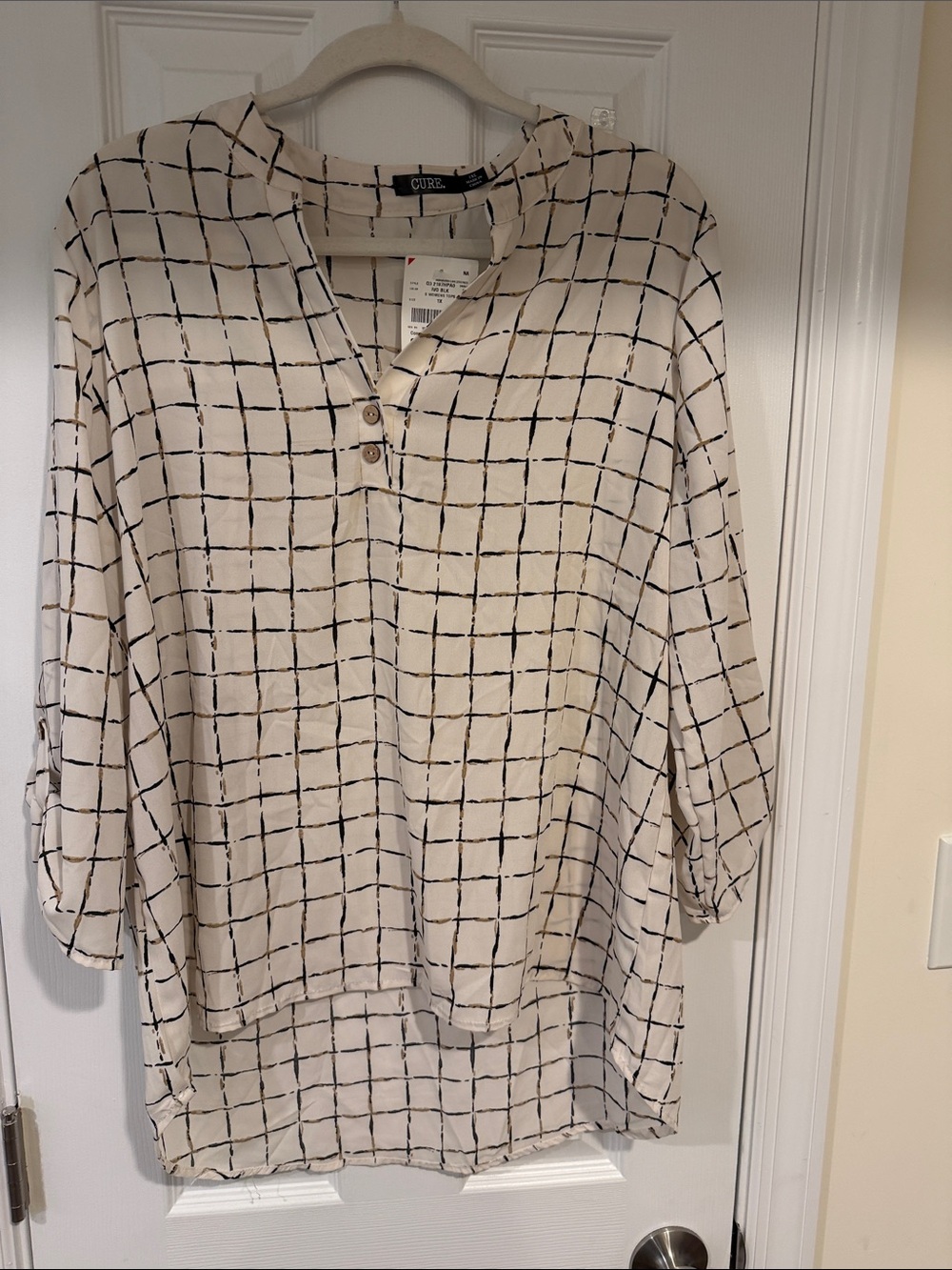 Ivory Plaid Button-Front Women's Tunic Top